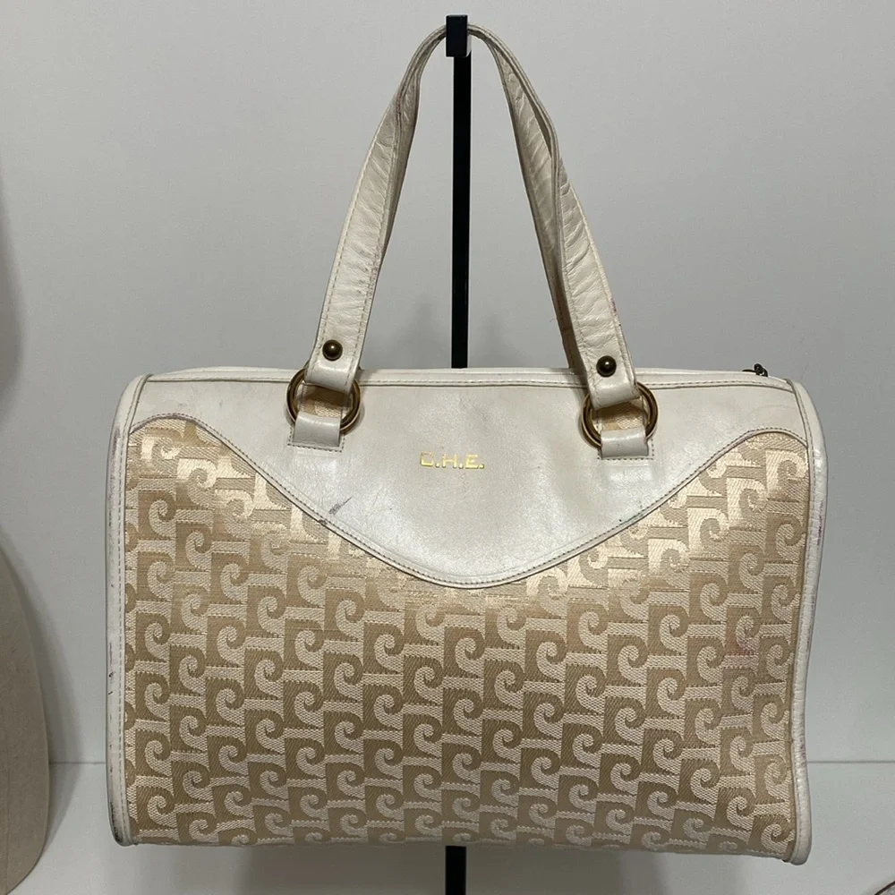 Vintage Pierre Cardin 1970’s Monogram Canvas and Leather Satchel Purse in Ivory